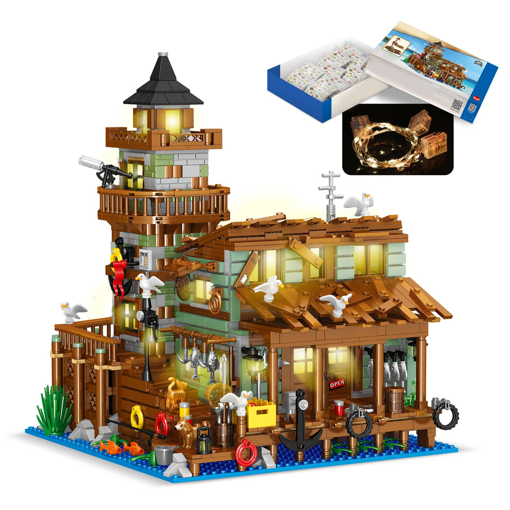 1881PCS Creative Fishing Village Cabin Building Blocks Seaport Wood House Assemble Micro Bricks Toys Gift For Children Kids