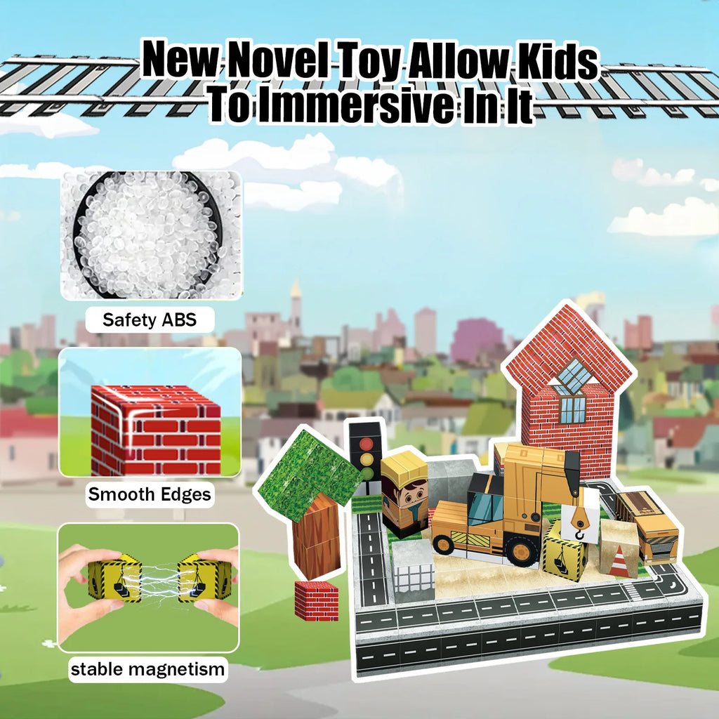 103PCS Magnetic Building Blocks Set - Construction Town STEM Toys for Kids, Educational Engineering Kit with Cars & Signs, Creat