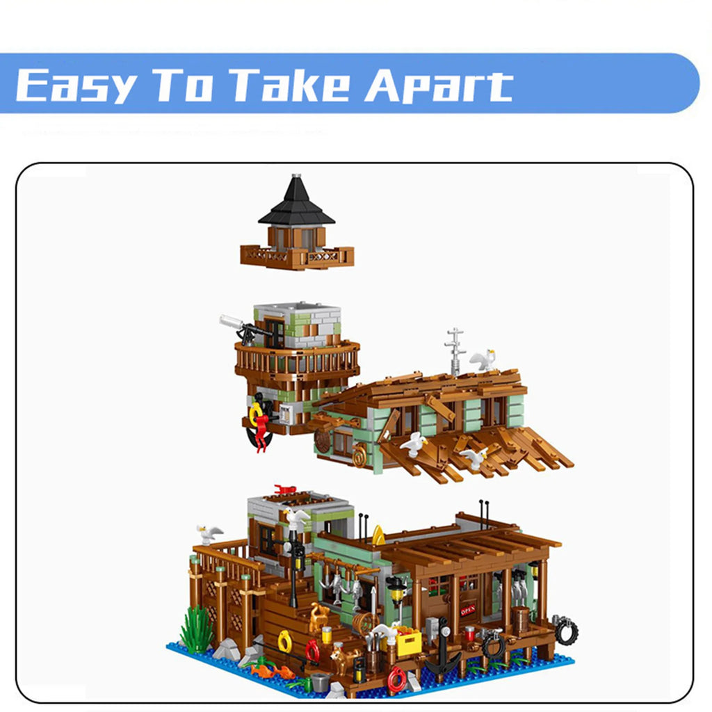 1881PCS Creative Fishing Village Cabin Building Blocks Seaport Wood House Assemble Micro Bricks Toys Gift For Children Kids