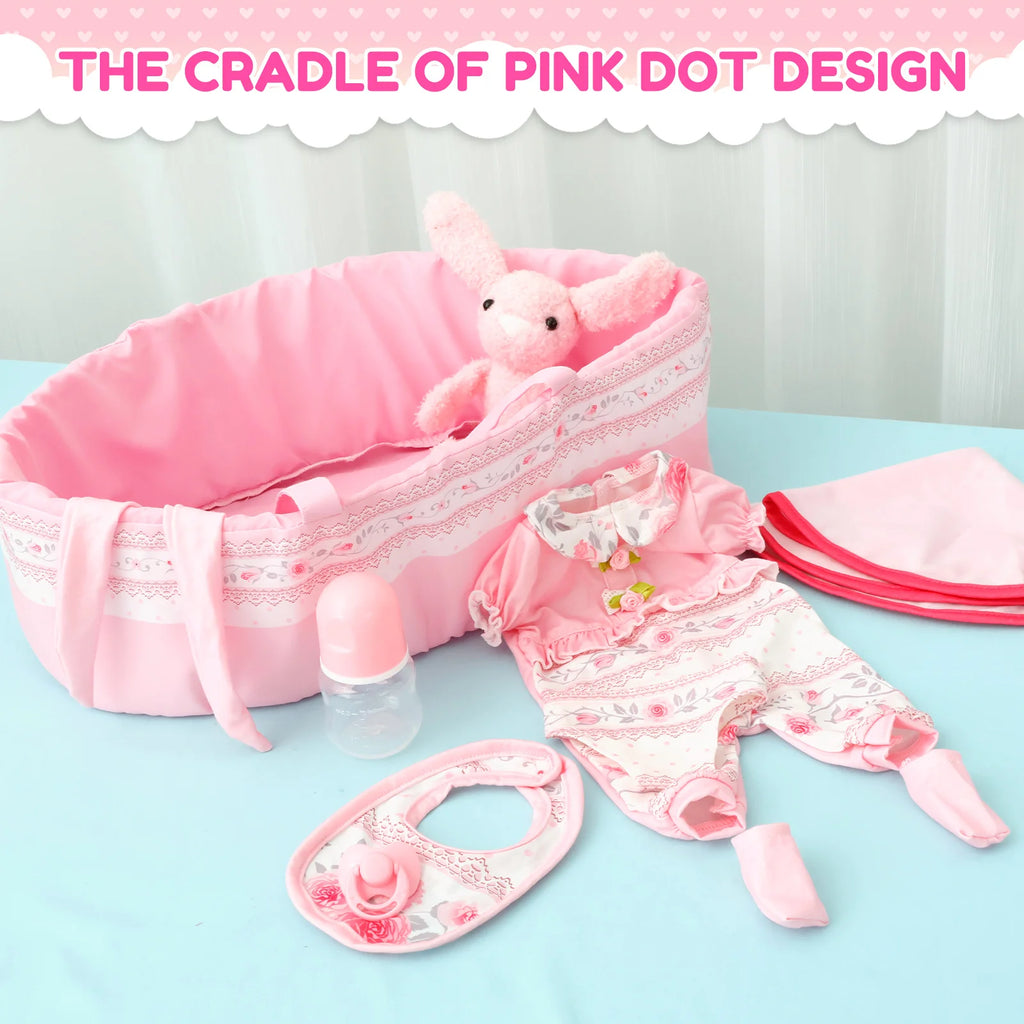10Pcs Doll Clothes Set Portable Baby Doll Accessories with Bassinet Diaper Pacifier Feeding Bottle for Children Toddler Girl Boy