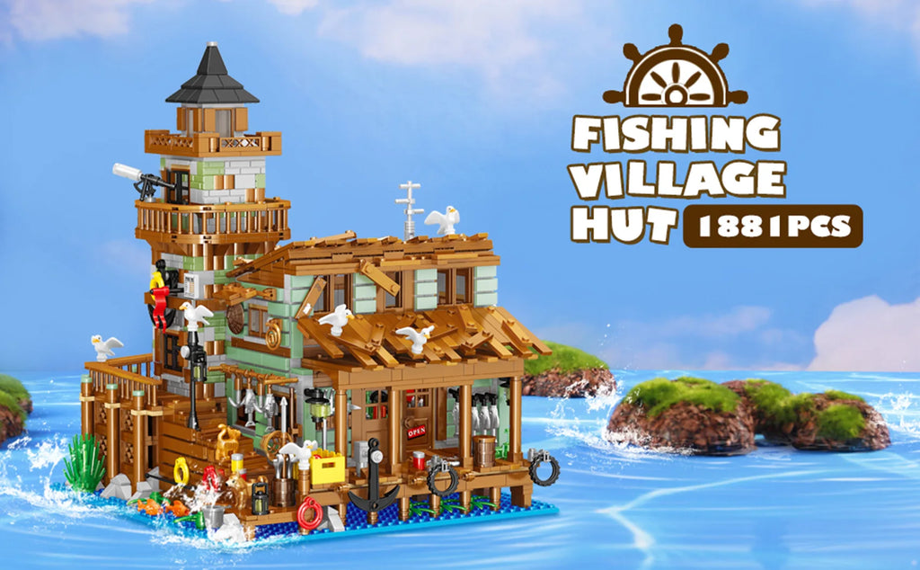 1881PCS Creative Fishing Village Cabin Building Blocks Seaport Wood House Assemble Micro Bricks Toys Gift For Children Kids