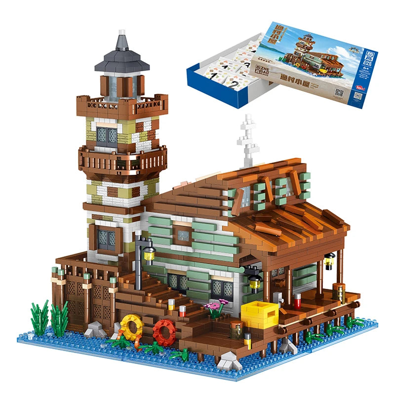 2689PCS Fishing Village House Building Blocks Micro Bricks Wood Cabin Assemble Architectural Toy Set Gift For Children Kids