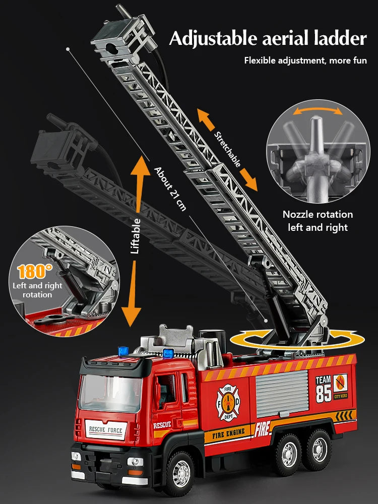 1:50 Fire Truck Alloy Diecast Simulation Sprinkler Toy with Light Music Water Spray Rescue Car Children's Toy Firefighter Truck