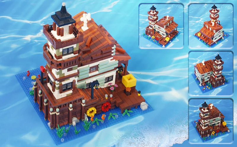 2689PCS Fishing Village House Building Blocks Micro Bricks Wood Cabin Assemble Architectural Toy Set Gift For Children Kids