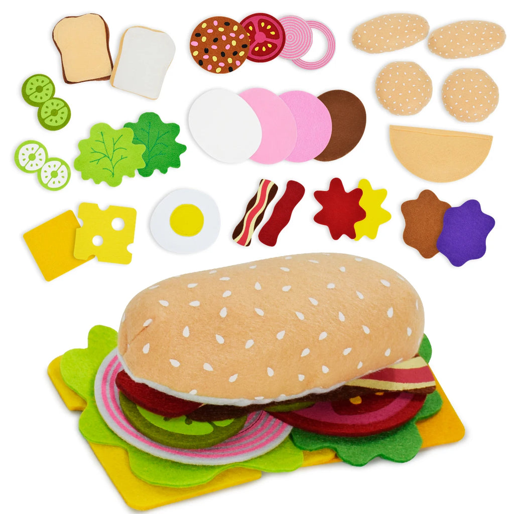 28PCS Felt  Combination Kitchen Food Toy Set Soft Hamburger Sandwich for Kids House Pretend Play Kitchen Toys Chirstmas Gifts