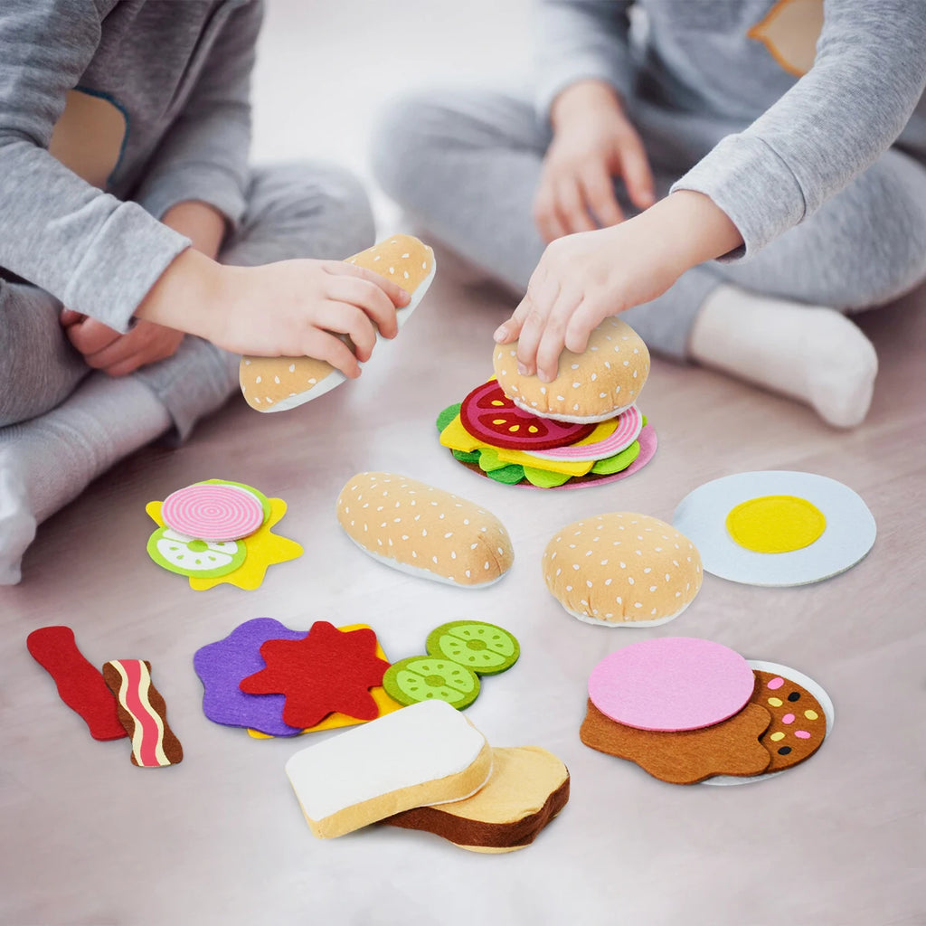 28PCS Felt  Combination Kitchen Food Toy Set Soft Hamburger Sandwich for Kids House Pretend Play Kitchen Toys Chirstmas Gifts