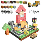 103PCS Magnetic Building Blocks Set - Construction Town STEM Toys for Kids, Educational Engineering Kit with Cars & Signs, Creat