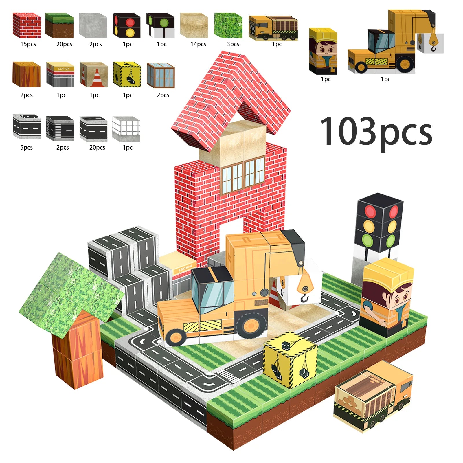 103PCS Magnetic Building Blocks Set - Construction Town STEM Toys for Kids, Educational Engineering Kit with Cars & Signs, Creat