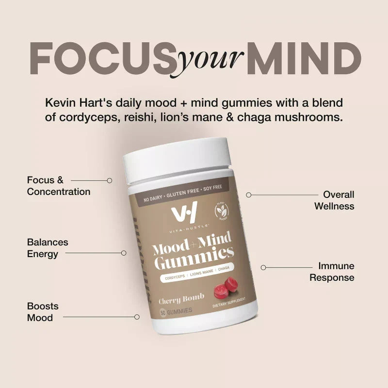 VitaHustle Mood + Mind Gummy Supplement with Chaga, Reishi Mushrooms, 50 Count