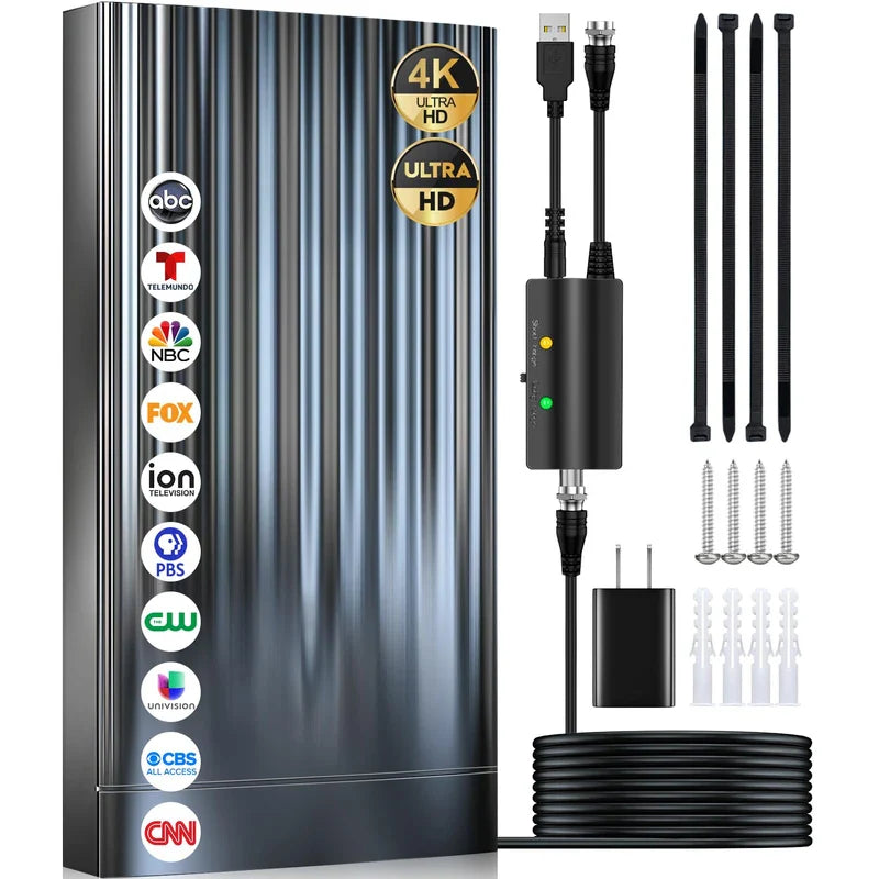 3200+ Miles Tv Antenna Indoor, 2025 Digital Antenna for Smart Tv Outdoor, Strongest HDTV Antenna for Local Channels with Amplifier, Signal Booster & 52FT Coax Cable/AC Adapter Support 8K 4K 1080p