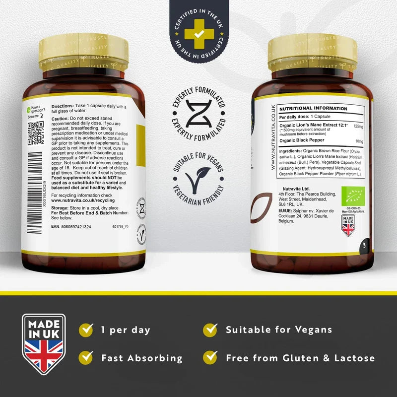Organic Lions Mane Mushroom 1500mg - 120 High Strength Vegan Capsules (Not Powder) - Lions Mane Supplement with Organic Black Pepper - Made in The UK by Nutravita