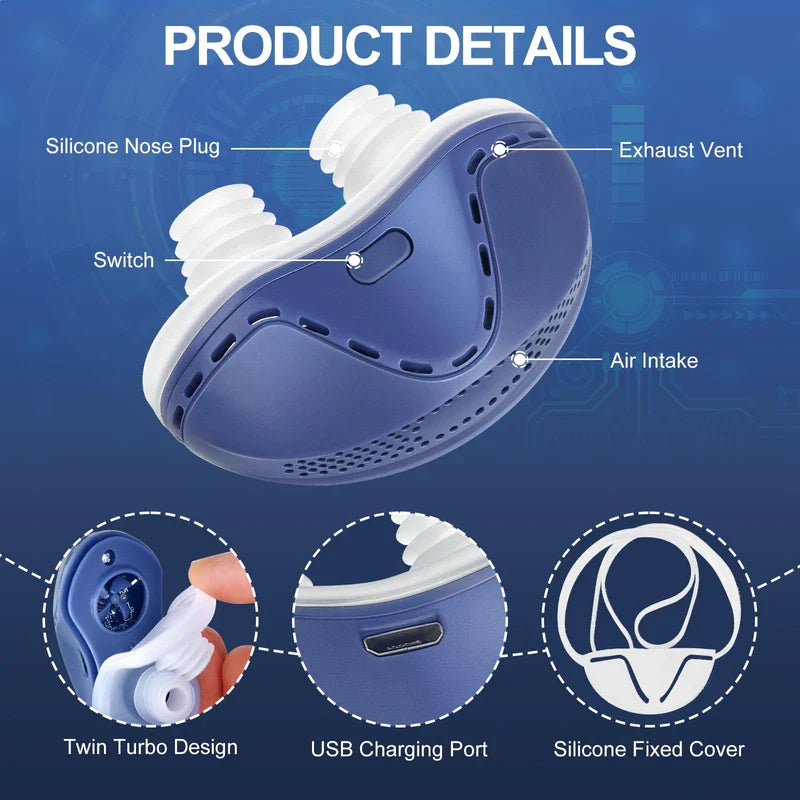 Electric Anti Snoring Device,Stop Snoring Solution,Adjustable Wind Speed Anti Snoring Devices,Breathable Snoring Prevention for Men Women,Universal All Nose Shapes (Blue)