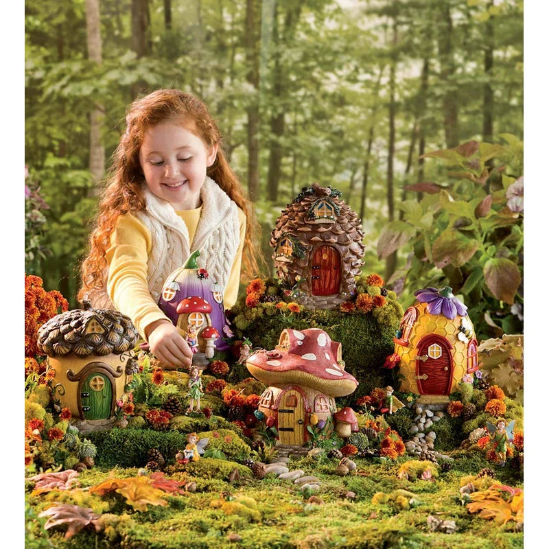 Fairy Village Houses, Resin - Hand-painted - 9"H - Set of 5