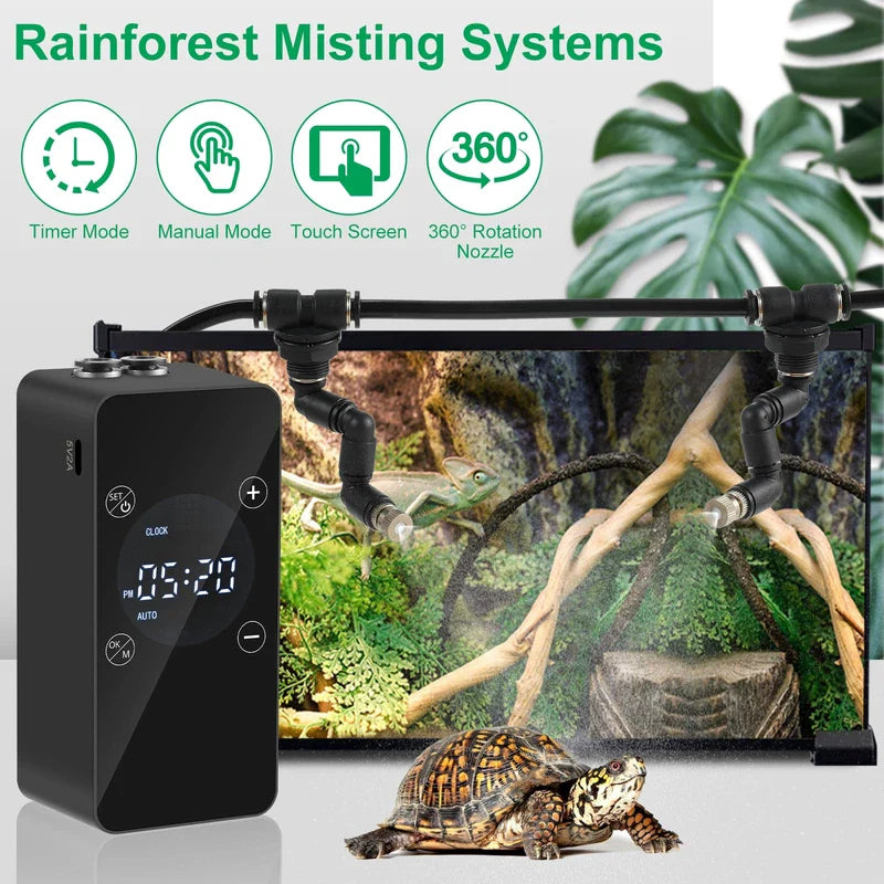 Updated Reptile Mister – Humidifier for Tanks, Amphibians, and Rainforest Plants with Timer and Manual Spray Functions