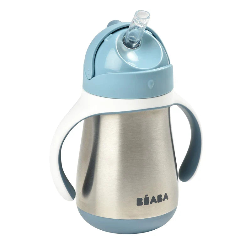 Beaba Stainless Steel Straw Sippy Cup, Insulated Toddler Cups Spill Proof with Removable Handles, Made with High Grade Stainless Steel, 8+ Months, 8.5 oz, (Rain)