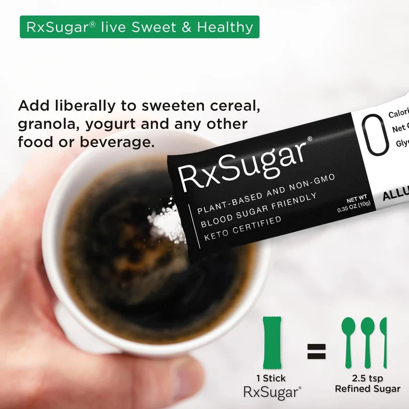 RxSugar 30 Stick Pack Carton 6-Pack | Diabetes-Safe Natural Sugar | Keto Certified | Non-GMO Project Verified | Gluten-Free Certified