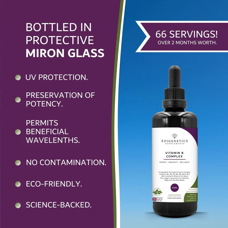 Epigenetics Vitamin B Complex Liquid Drops 50ml | 2 Months Supply, 66 Servings. High Strength Vitamin B12 Methylcobalamin & Adenosylcobalamin, B1, B2, B3, B5, B6 with Choline, Folic Acid | UK Made & Vegan