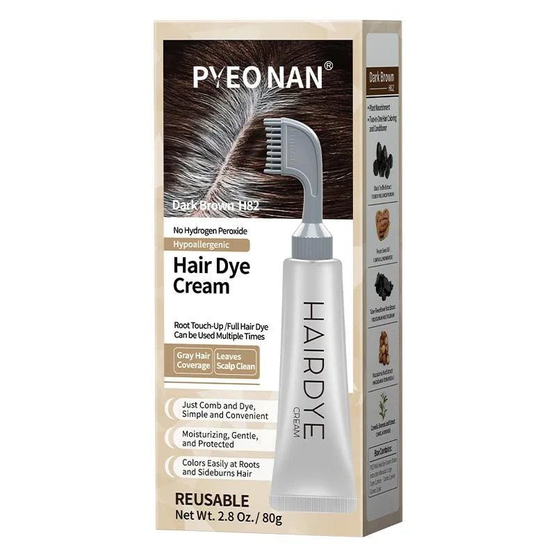 PYEONAN Hair Dye Professional Comb, Natural Plant Extracts, Black or Dark Brown Cream, 2 in 1 Dyeing & Haircare, Easy to Dye Healthy Coloring for Grey Hair 2.8Oz. /80g - Color: Dark Brown (1pc)