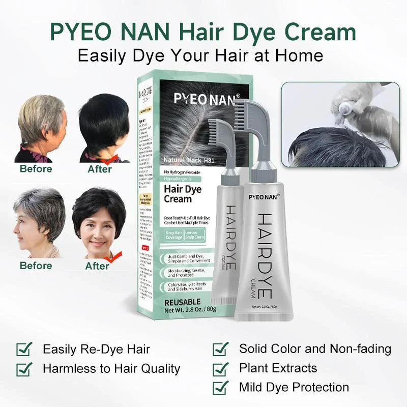 PYEONAN Hair Dye Professional Comb, Natural Plant Extracts, Black or Dark Brown Cream, 2 in 1 Dyeing & Haircare, Easy to Dye Healthy Coloring for Grey Hair 2.8Oz. /80g - Color: Dark Brown (1pc)