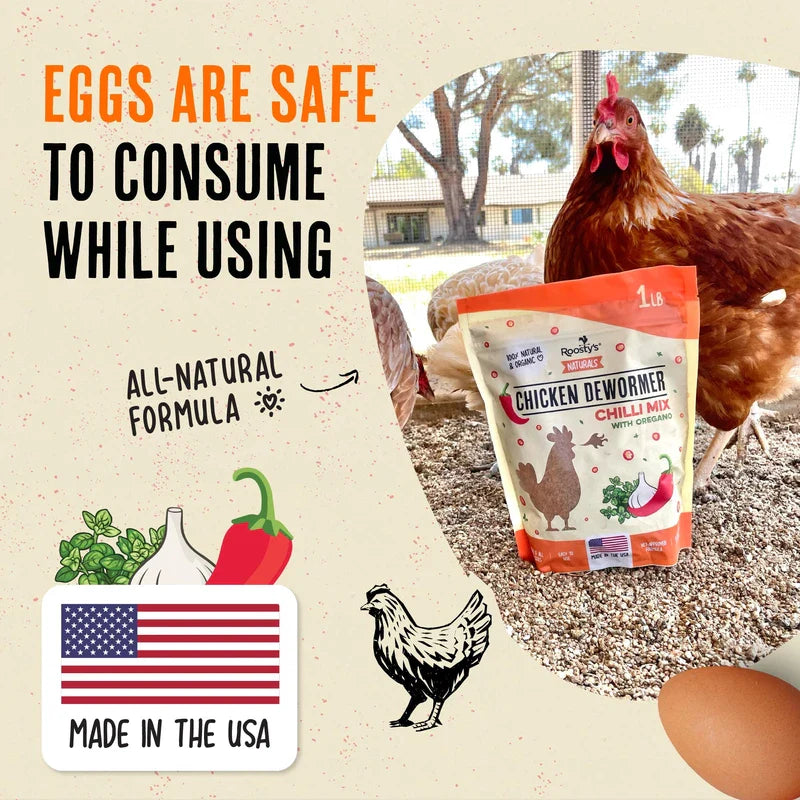 Roosty's Naturals Chicken De-Wormer Powder - Chili Mix | 1LB Pouch | All-Natural Formula | US-Made Chicken Wormer, Poultry De-Wormer | Chicken Medicine Supplies to Relieve and Safeguard from Worms