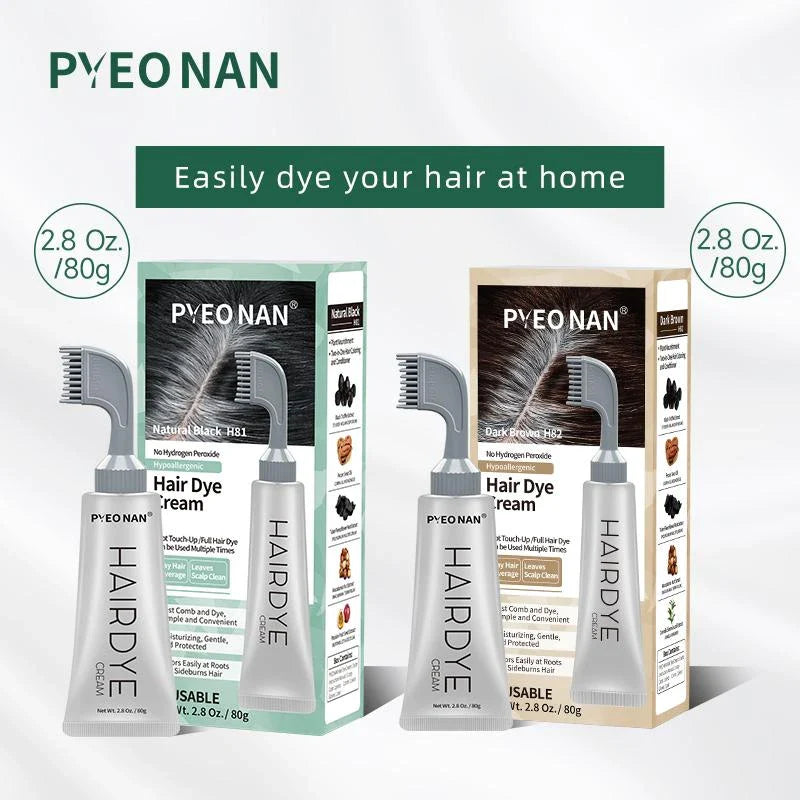 PYEONAN Hair Dye Professional Comb, Natural Plant Extracts, Black or Dark Brown Cream, 2 in 1 Dyeing & Haircare, Easy to Dye Healthy Coloring for Grey Hair 2.8Oz. /80g - Color: Dark Brown (1pc)