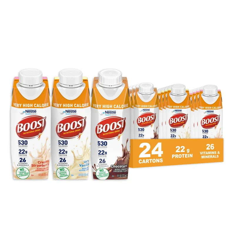 BOOST Very High Calorie Nutritional Drink – Helps Weight Gain & Maintenance -530 Calories -26 Vitamins & Minerals - 22 g Protein - Variety Pack - Vanilla, Chocolate & Strawberry - 8 fl oz (Pack of 24)