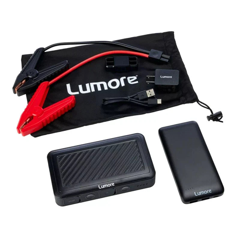 Lumore Pro Jump Starter Kit w/AC Plug & Power Bank w/Cables & Bag-Silver-NEW