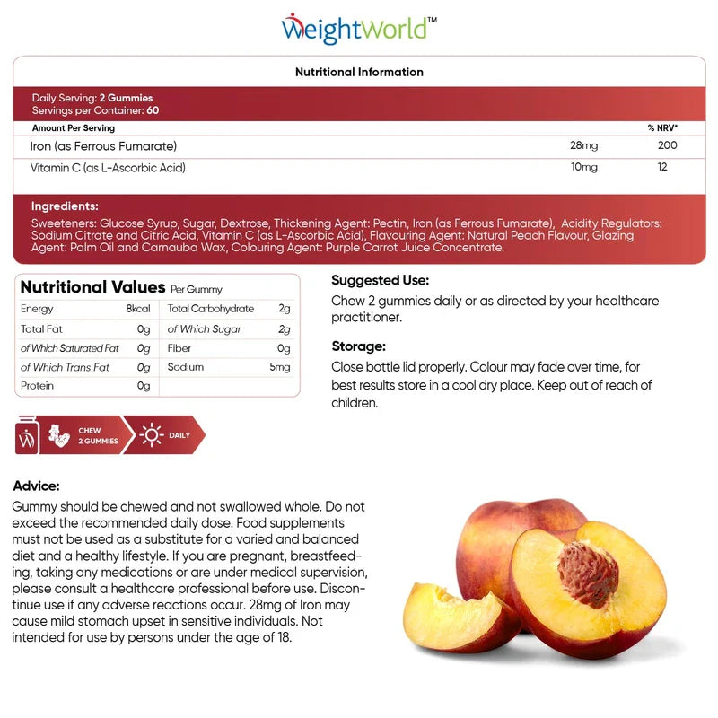 WeightWorld Iron Gummies with Vitamin C - 28mg - 120 Ferrous Fumarate Gummies (2 Months Supply) - Tasty Alternative to Iron Tablets - Immunity & Energy Supplements - Vegan Iron Supplements for Women & Men