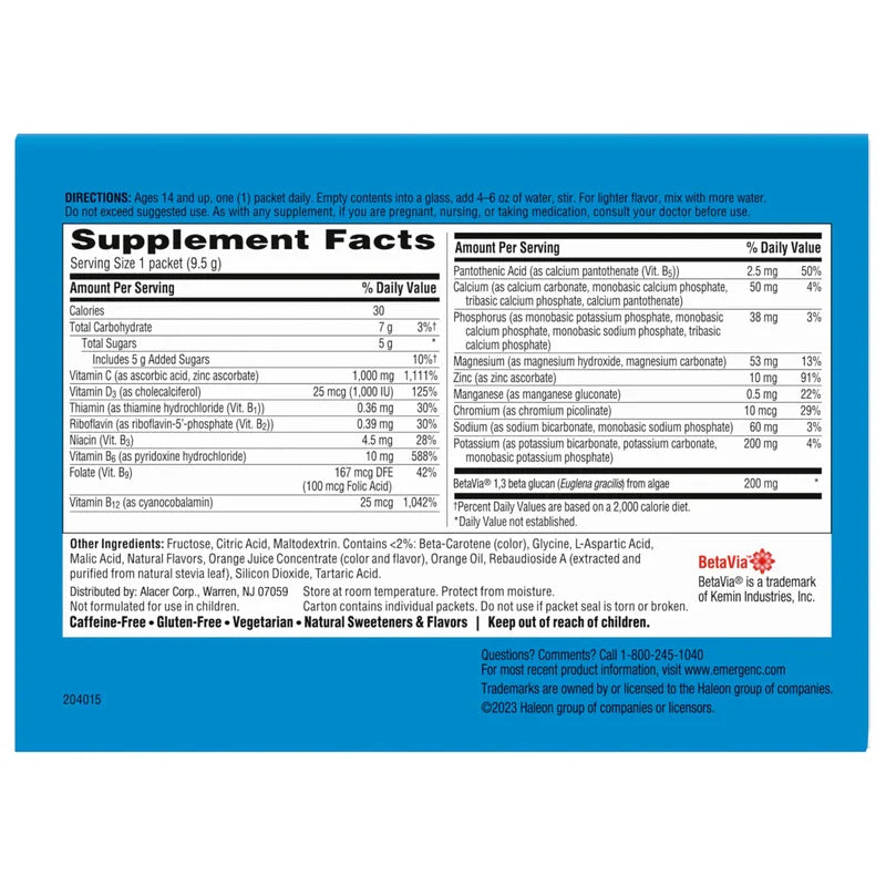 Emergen-C Immune+ Triple Action Immune Support Powder, BetaVia (R), 1000mg Vitamin C, B Vitamins, Vitamin D and Antioxidants, Super Orange – 50 Count