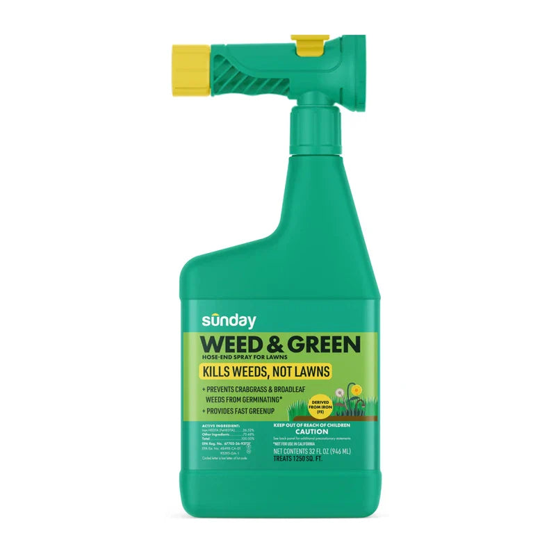 Sunday Weed & Green - Weed and Feed for Lawns - Pre-Emergent & Post-Emergent Weed Killer Spray - Includes Hose-End Sprayer - For Crabgrass, Broadleaf Weeds & Lawn Diseases - Covers 1,250 sq ft - 32 oz