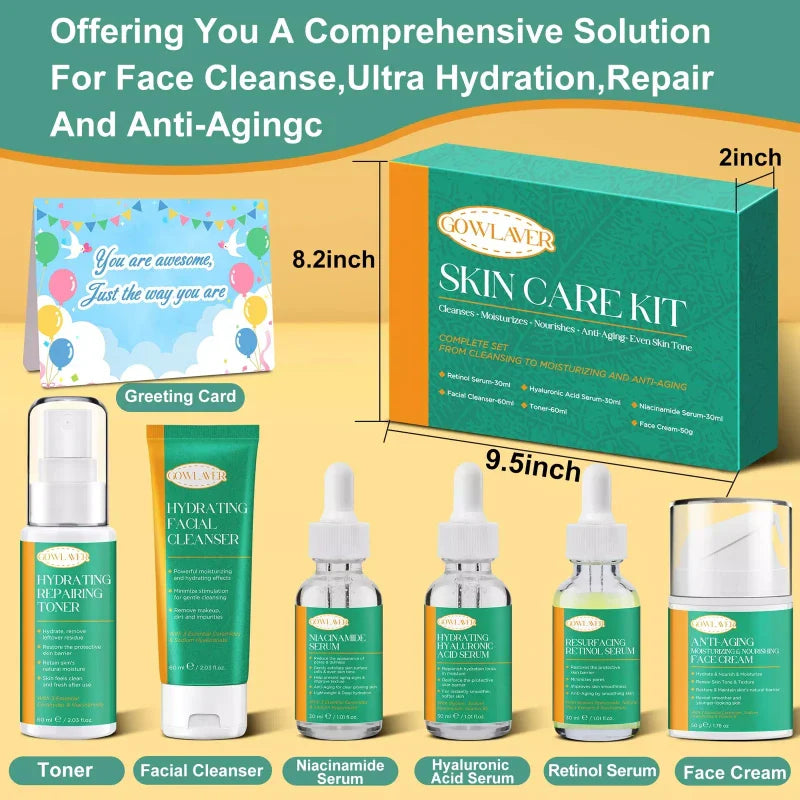 GOWLAVER Complete Skin Care Routine Kit Cleanser Toner Serums Face Cream Anti Aging