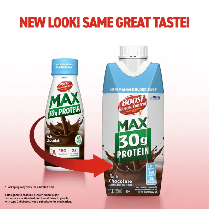 BOOST BOOST Glucose Control Max 30g Protein Nutritional Drink, Rich Chocolate, 11 Fl Oz (Pack of 12), Packaging May Vary