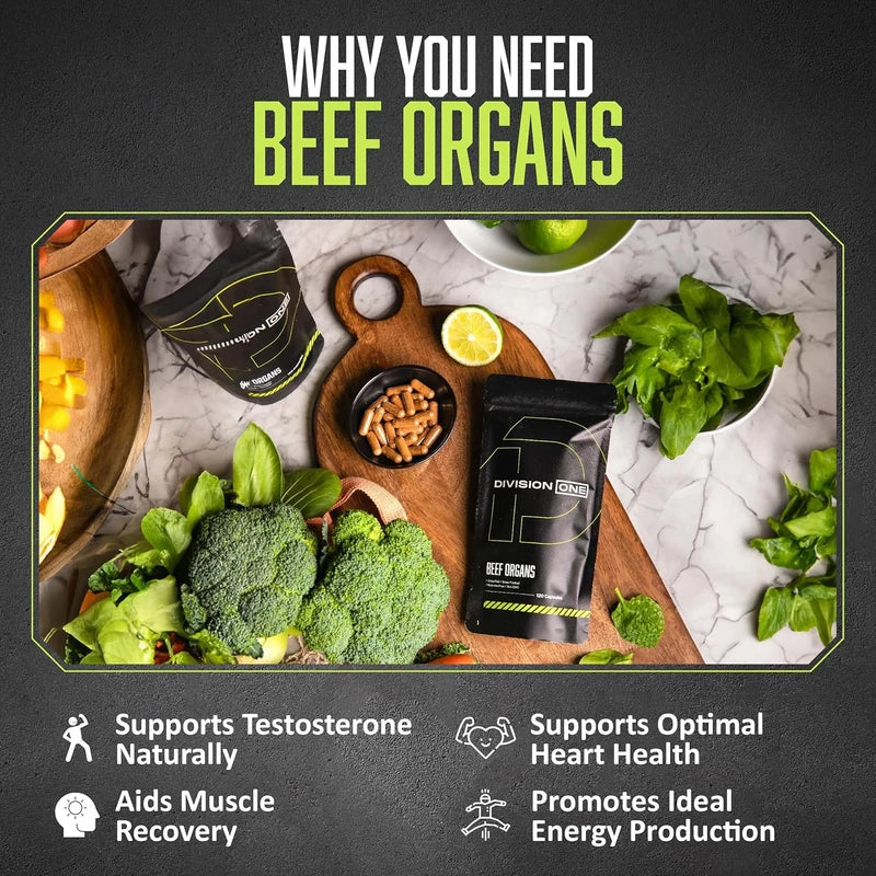 Division One Beef Organ Supplement - Primal Blend Featuring Liver, Heart, Kidney & Beef Liver – Grass-Fed, Non-GMO Organ Meat Supplement for Humans – 120 Capsules