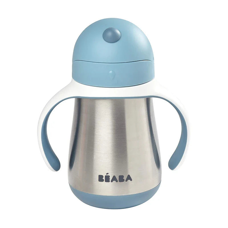 Beaba Stainless Steel Straw Sippy Cup, Insulated Toddler Cups Spill Proof with Removable Handles, Made with High Grade Stainless Steel, 8+ Months, 8.5 oz, (Rain)
