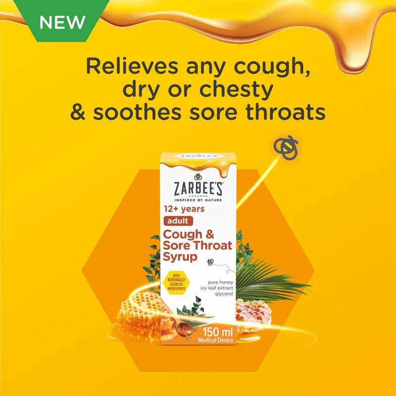 Zarbee’s® Adult Cough and Sore Throat Syrup, 150 ml, Honey-Based Relief for Dry or Chesty Cough, Sore Throat Relief, Alcohol Free, No Artificial Colours or Flavours, Cough Syrup For Adults