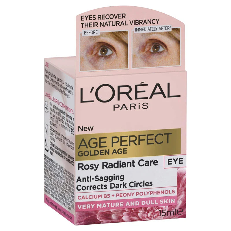 L’Oréal Paris Eye Cream, Rosy Radiant Care,Corrects Dark Circles, Anti-Sagging, for Mature to Dull Skin, Age Perfect Golden Age, 15ml