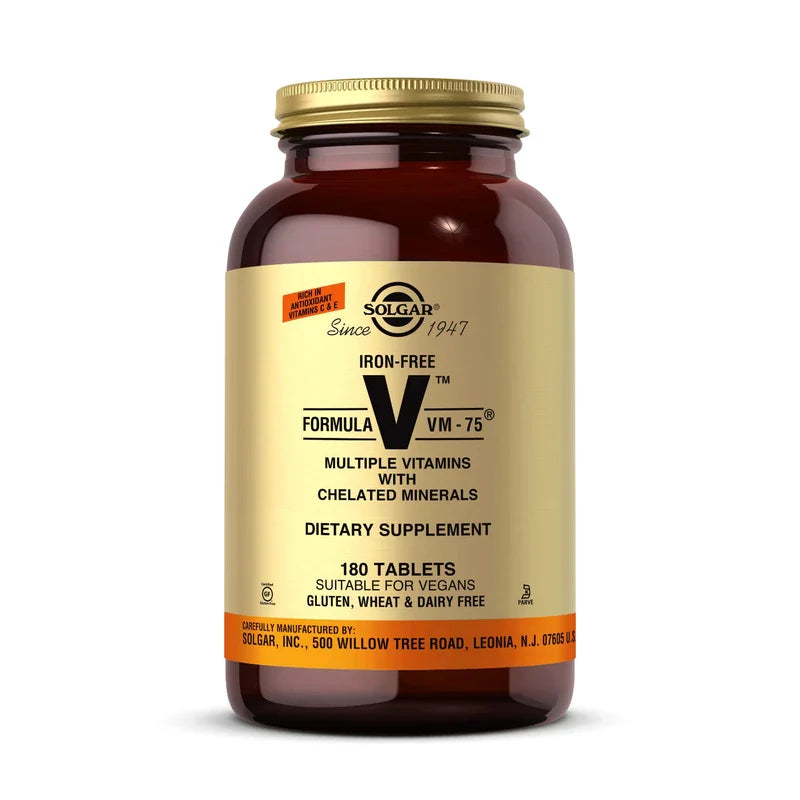 Solgar Iron-Free Formula VM-75, 180 Tablets - Multivitamin with Chelated Minerals - Vitamin A, B6, B12, C, D, E - Biotin, Magnesium, Calcium, Zinc - Vegan, Gluten & Dairy Free, Kosher - 180 Servings