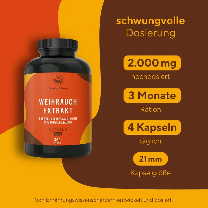 Frankincense Capsules High Dose - 2000 mg Extract per Day - 360 Capsules - Indian Boswellia Serrata - 85% Boswellic Acid - Vegan, German Production - TRUE NATURE
