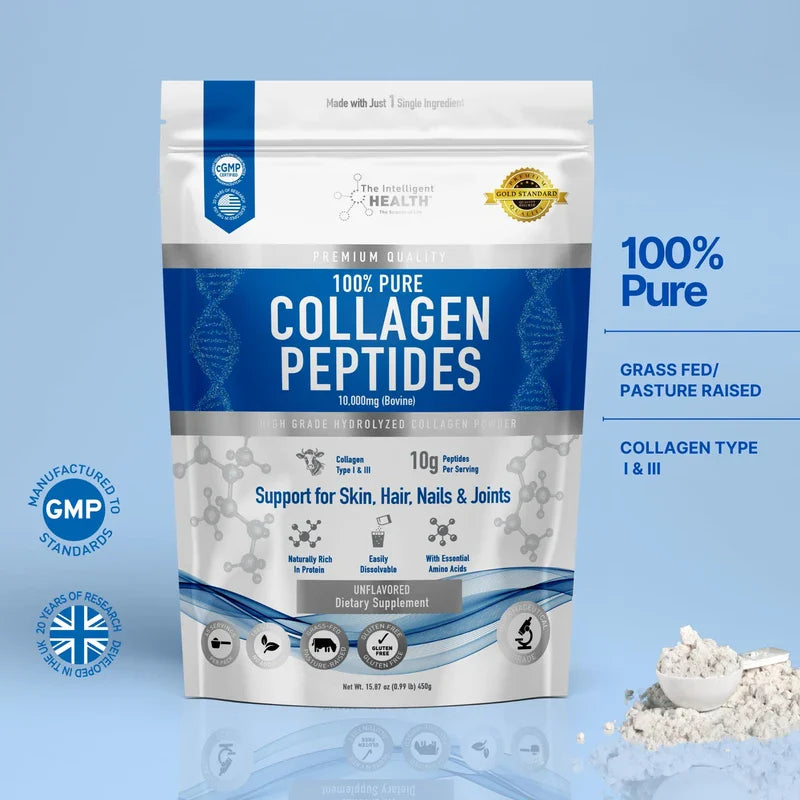 The Intelligent Health Hydrolysed Collagen Powder (Bovine) - High Protein Grass Fed Unflavoured Peptides - Collagen Supplements for Women | Gluten Free, Paleo & Keto Friendly (450G)