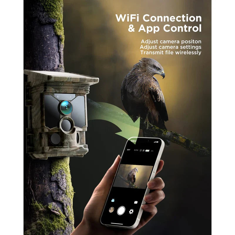 CEYOMUR 4K 30fps Solar Trail Camera, 46MP WiFi Trail Camera with Night Vision 0.1s Trigger Motion Activated, Game Camera with 120° Detection IP66 Waterproof for Wildlife Scouting with 32GB SD Card