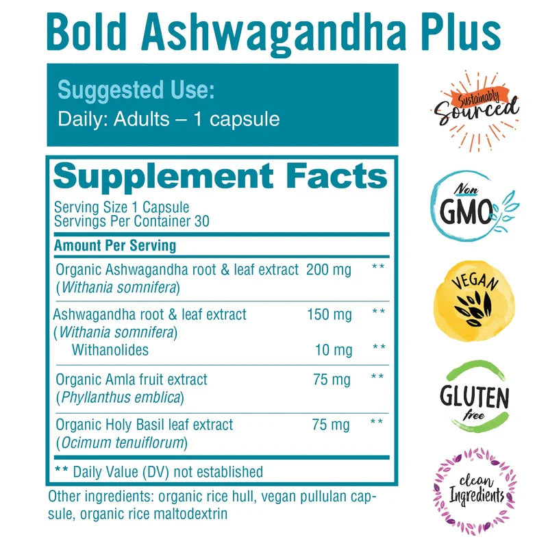 Bold Botanica Bold Ashwagandha Plus –Stress, Mood, Memory & Energy Support - Potent Extracts with Amla & Holy Basil -Triple Adaptogenic Formula—One Capsule Daily- 30 Vegan Caps (1)
