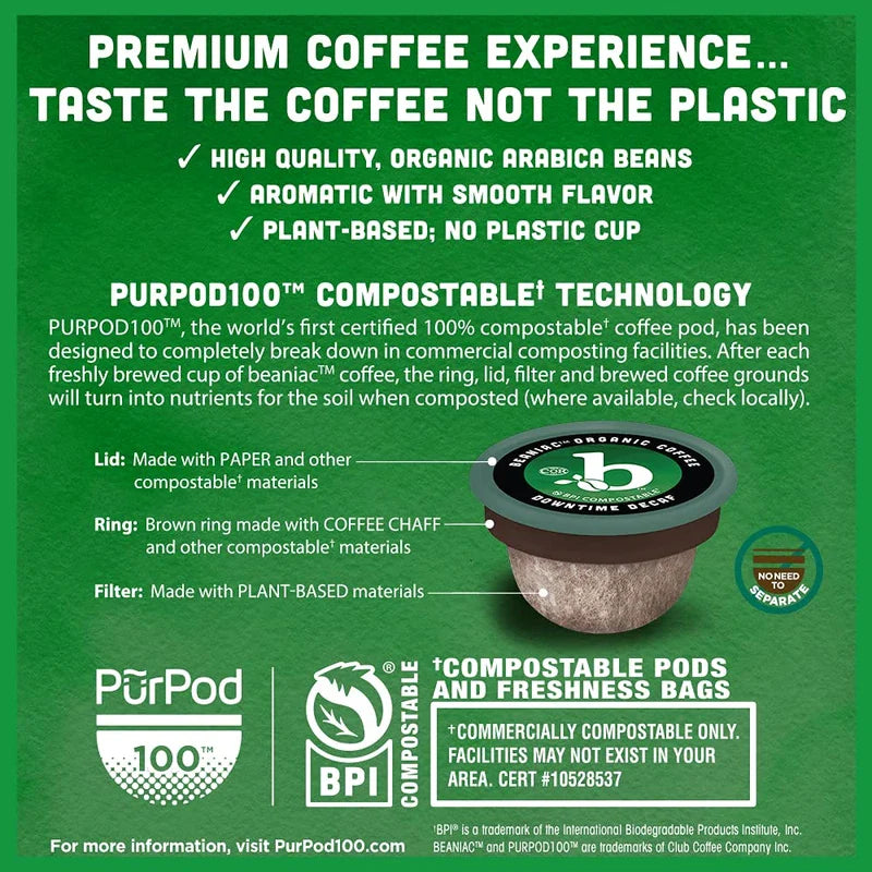 beaniac Organic Down Time Decaffeinated Medium Roast, Single Serve Coffee Pods, Arabica Coffee, Plant-Based, 30 Count