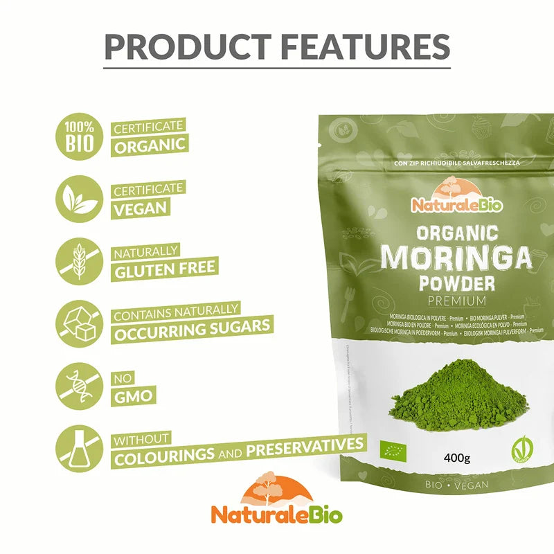 Organic Moringa Oleifera Leaf Powder - Premium Quality - 400g. Bio, Natural and Pure. Leaves Picked from The Moringa Oleifera Plant. NaturaleBio