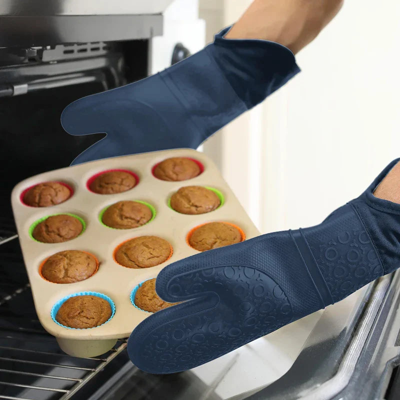 HOMWE Extra Long Professional Silicone Oven Mitt, Oven Mitts with Quilted Liner, Heat Resistant Pot Holders, Flexible Oven Gloves, Navy Blue, 1 Pair, 14.7 Inch