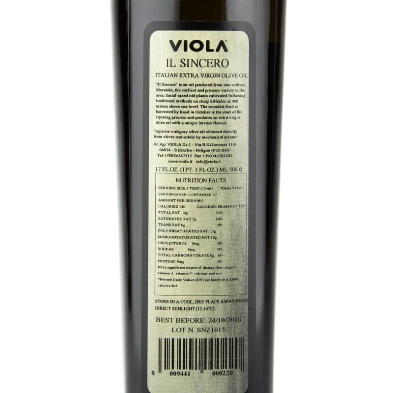 Viola Il Sincero 2019 Harvest Italian Extra Virgin Olive Oil From Umbria - 0.5 Liter / 16.9 Ounce