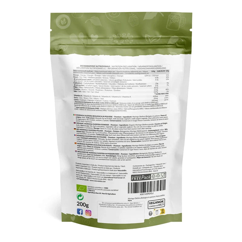 Organic Moringa Oleifera Leaf Powder - Premium Quality - 200g. Bio, Natural and Pure. Leaves Picked from The Moringa Oleifera Plant. NaturaleBio