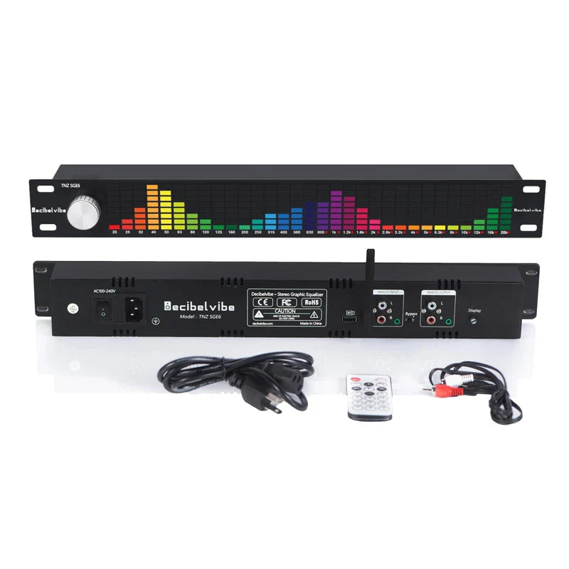 Decibelvibe TNZ SGE6 - Audio Graphic Equalizer with Rear RCA/3.5 Auxiliary Input and Output, Built-in Microphone, USB and Bluetooth Input, Preamp for Home Audio, DJ, HiFi Audio Setup (Silver)