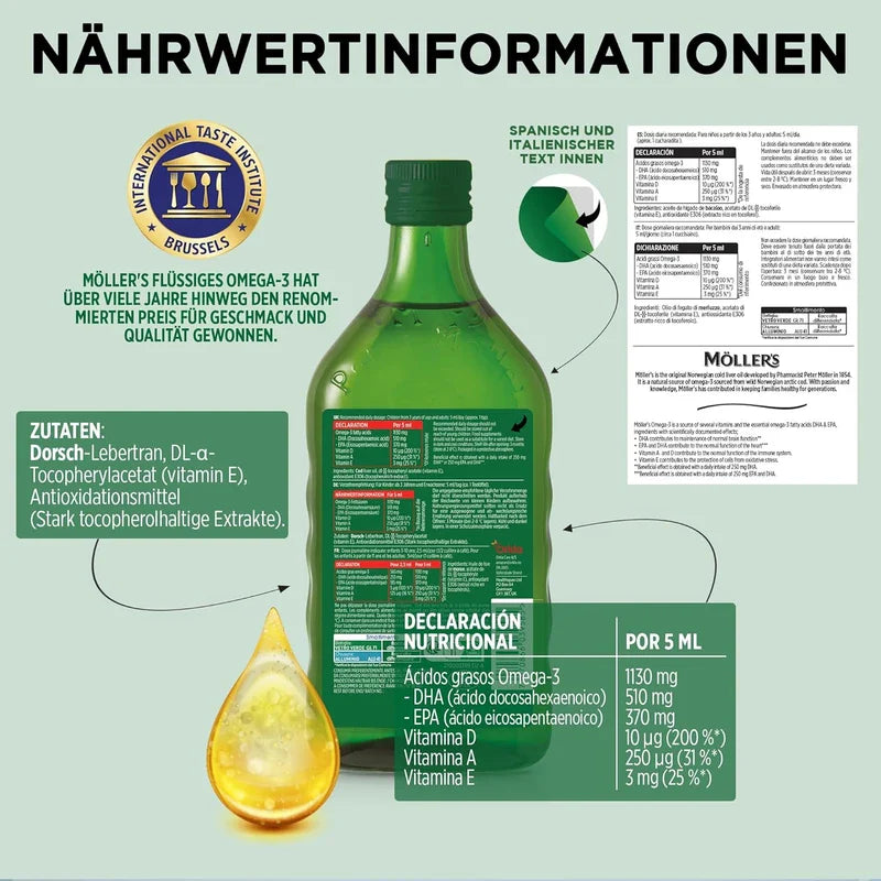 Möller's Omega 3 Cod Liver Oil, Omega 3 Dietary Supplement with EPA, DHA, Vit A, D and E, High Purity Natural Cod Liver Oil, 165 Year Old Brand, Superior Taste Award, Neutral Taste, 250 ml