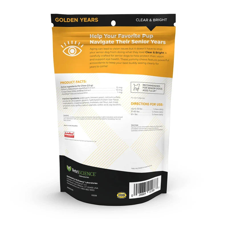VETRISCIENCE Golden Years Clear and Bright Vision Support for Senior Dogs, Chicken Flavor, 60 Chews - Supports Cloudy and Teary Eyes and Ocular Blood Flow