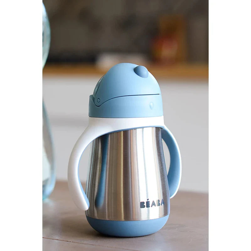 Beaba Stainless Steel Straw Sippy Cup, Insulated Toddler Cups Spill Proof with Removable Handles, Made with High Grade Stainless Steel, 8+ Months, 8.5 oz, (Rain)